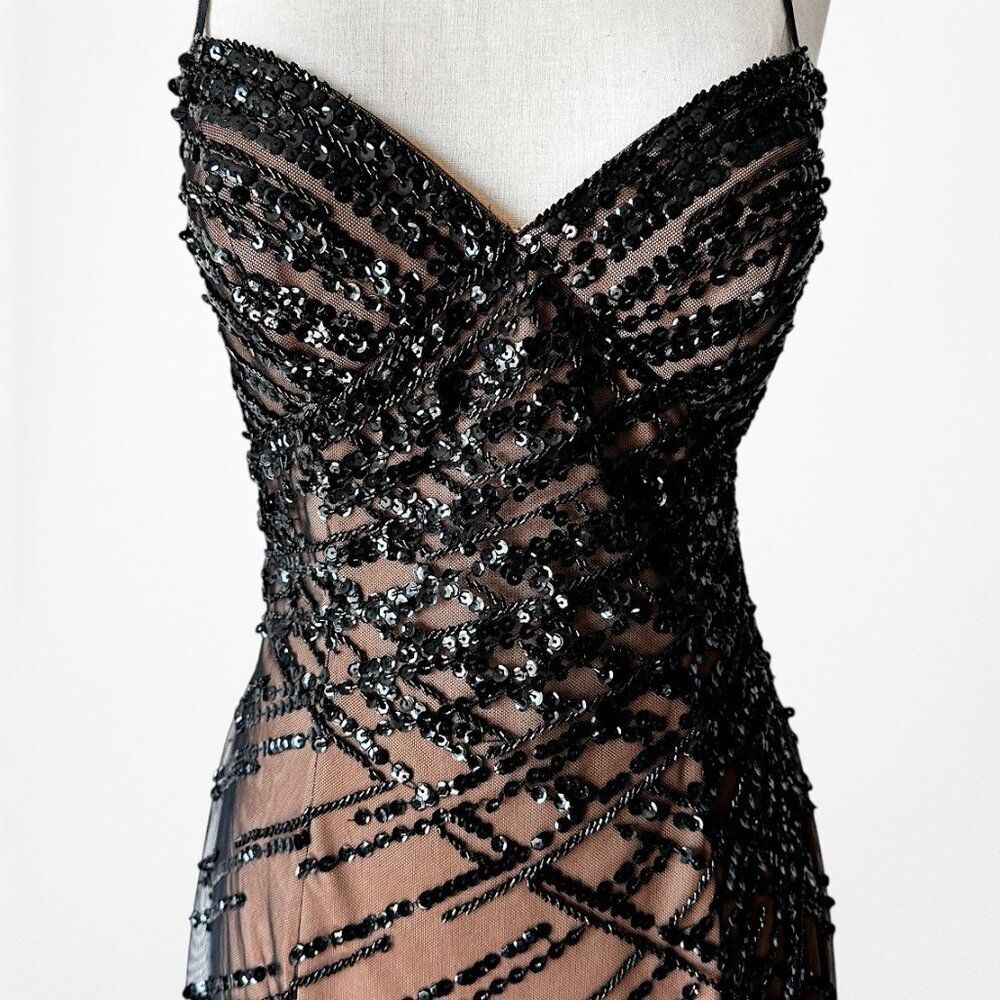 Vintage Y2K Brown Black Beaded Mesh Maxi Bodycon Side Slit Prom Dress Size M/L - Picture 7 of 13